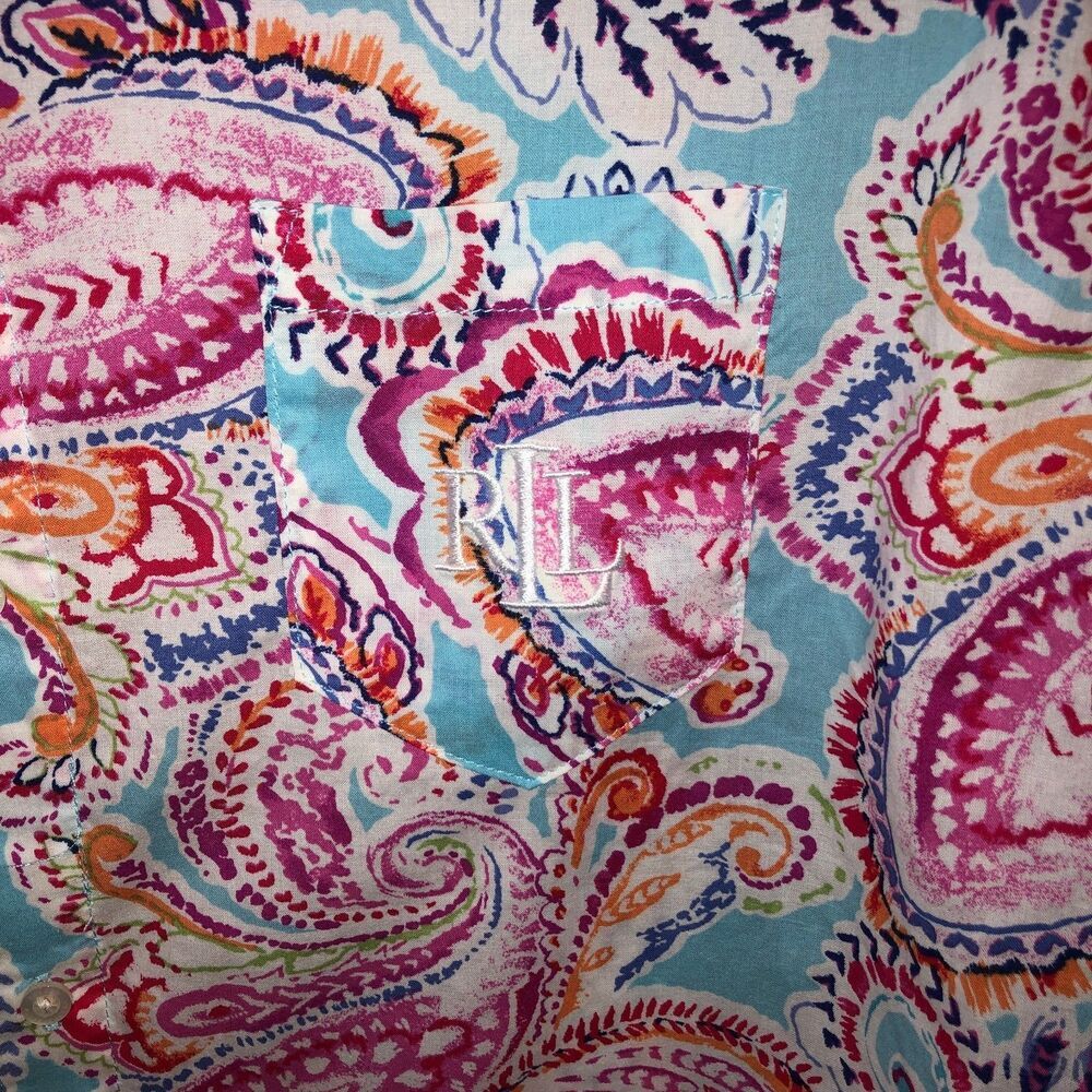 Lauren Ralph Lauren Petite Medium Paisley Pink Button Up Roll Tab Top Shirt PM - Picture 4 of 9